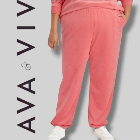 Ava & Viv Women Plus Size Pull On Coral Velour Jogger Pants With Pockets - Picture 8 of 9
